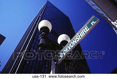 Stock Image - Street Sign and Lamppost Devenshire Boston USA. Fotosearch