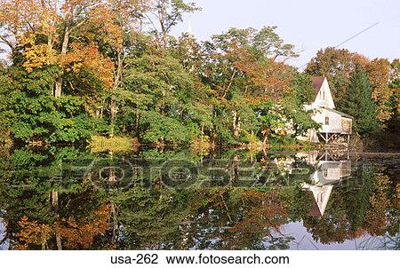 Stock Image - Trees And House Reflected In Pond Wakefield USA. Fotosearch