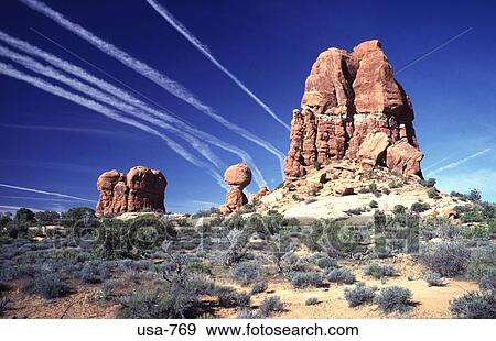 Vapour Trails above Balanced Rock Utah View Large Photo Image Stock Photo - Vapour Trails above Balanced Rock Utah. Fotosearch