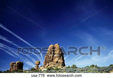 Vapour Trails above Balanced Rock Utah View Large Photo Image Stock Photograph - Vapour Trails above Balanced Rock Utah. Fotosearch