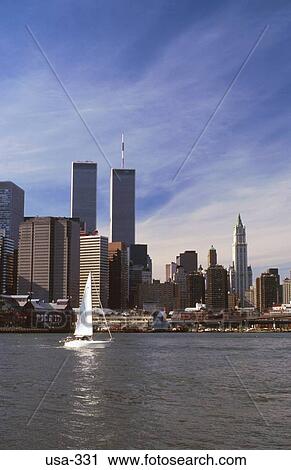 Stock Image - Yacht on East River New York City USA. Fotosearch