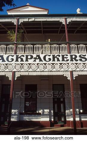Backpackers Sign on Victorian Building Australia View Large Photo Image Stock Photo - Backpackers Sign on Victorian Building Australia. Fotosearch