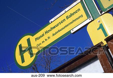 Stock Photo - Bus Stop Sign in Green and Yellow Austria. Fotosearch