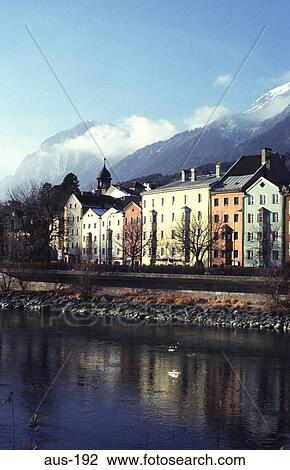 Stock Image - Colourful Houses and River Innsbruck Austria. Fotosearch