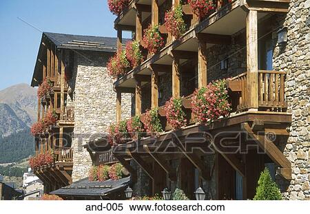 Decorative Wooden Balconies Soldeu Andorra View Large Photo Image Stock Photography - Decorative Wooden Balconies Soldeu Andorra. Fotosearch