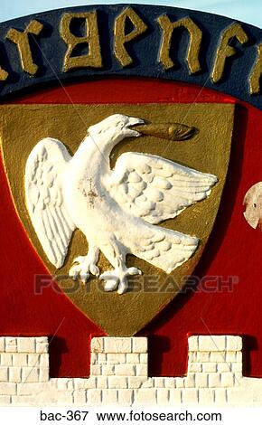 Heraldic Town Crest Featuring White Bird and Castle View Large Photo Image Stock Photo - Heraldic Town Crest Featuring White Bird and Castle. Fotosearch