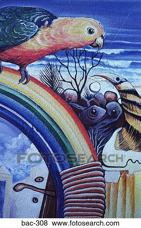Mural Showing Bird and Rainbow Australia View Large Photo Image Stock Photo - Mural Showing Bird and Rainbow Australia. Fotosearch