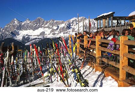 Skis Outside Mountain Top Cafe Austria View Large Photo Image Stock Photo - Skis Outside Mountain Top Cafe Austria. Fotosearch