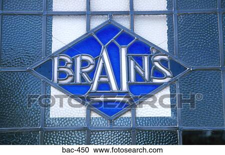 Stock Image - Stained Glass Sign Saying 'Brains'. Fotosearch