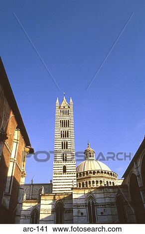Stock Image - Striped Medieval Bell Tower Italy. Fotosearch