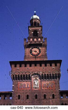 Stock Image - Clock Tower Castello Sforesco Milan Italy. Fotosearch