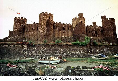 Stock Image - Conwy Castle's Wall and Towers from River Wales UK. Fotosearch