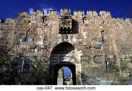 Crenelated Wall and Lion Gate Jerusalem Israel View Large Photo Image Stock Photo - Crenelated Wall and Lion Gate Jerusalem Israel. Fotosearch