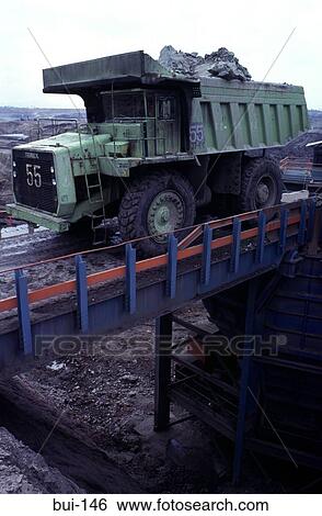 Stock Photograph - Dumper Truck unloading at an Open Cast Coal Mine. Fotosearch
