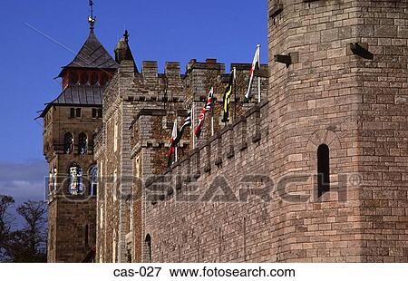 Stock Photo - Flags Flying over Wall Cardiff Castle Wales UK. Fotosearch