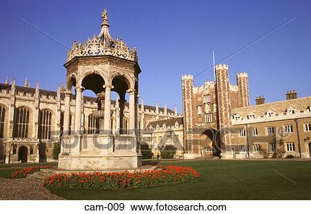 Stock Photo - Fountain and Quad Trinity College Cambridge UK. Fotosearch