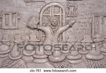 Stock Image - Metal Relief of Public Meeting Swansea Castle Square. Fotosearch