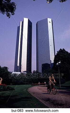 Stock Image - Twin Towers of Glass Fronted Frankfurt Bank Germany. Fotosearch