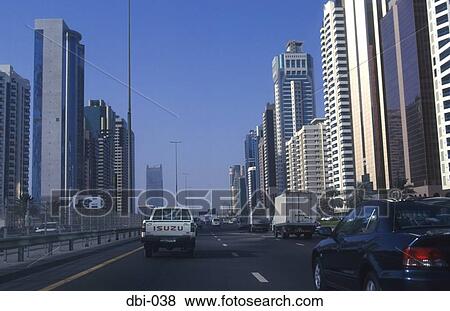 Stock Photo - View along Busy Road Dubai UAE. Fotosearch