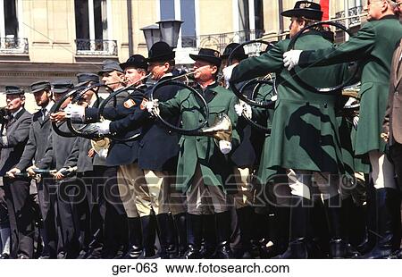 Stock Image - Band of Horn Players Neues Schloss Stuttgart. Fotosearch