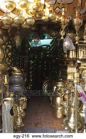 Stock Photograph - Brassware Stall Khan al Khalili Bazaar Egypt. Fotosearch