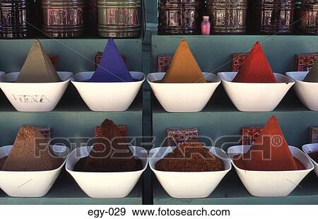 Stock Photo - Coloured Powders in Herb Shop Aswan Egypt Africa. Fotosearch