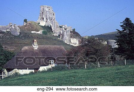 Corfe Castle with Thatched Cottage Below Dorset View Large Photo Image Picture - Corfe Castle with Thatched Cottage Below Dorset. Fotosearch