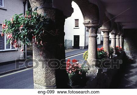 Stock Photo - Flower Baskets at the Armoury Moretonhampstead UK. Fotosearch