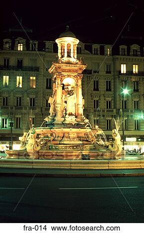 Lit Fountain at Night Lyon France Europe View Large Photo Image Picture - Lit Fountain at Night Lyon France Europe. Fotosearch