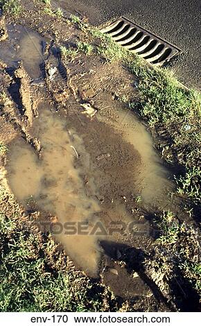 Stock Image - Muddy Roadside Puddle. Fotosearch
