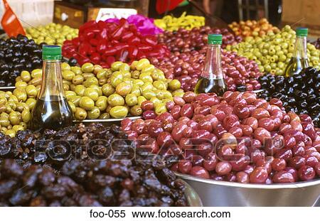Multicoloured Olives on Display on Market Stall View Large Photo Image Stock Photography - Multicoloured Olives on Display on Market Stall. Fotosearch