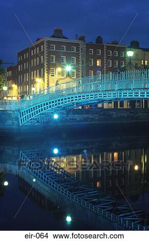Picture - Night Reflection of Ha'penny Bridge on River Liffey. Fotosearch