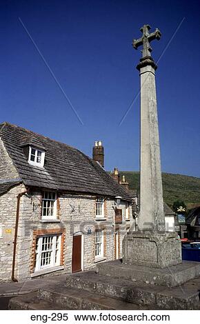 Old Houses and Stone Cross Corfe Dorset View Large Photo Image Stock Photography - Old Houses and Stone Cross Corfe Dorset. Fotosearch