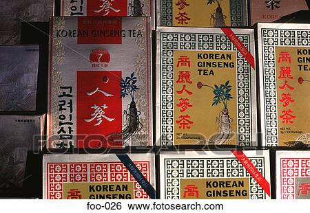 Stock Photograph - Packets of Ginseng Tea on Display. Fotosearch