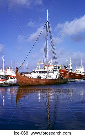 Stock Photo - Reproduction Viking Longboat at Quayside Iceland. Fotosearch