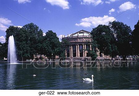 Stock Image - Swan Lake and Opera House Stuttgart Germany. Fotosearch
