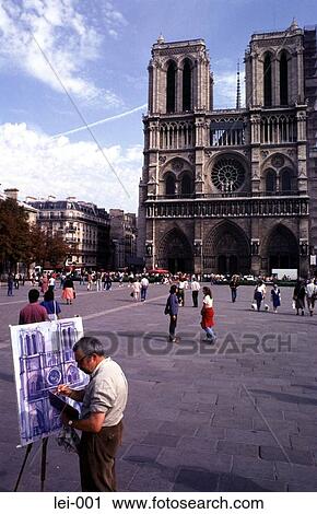 Stock Image - Artist Painting Notre Dame Paris France. Fotosearch