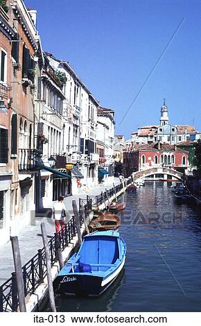 Blue barge moored on canal in Venice Italy Europe View Large Photo Image Stock Image - Blue barge moored on canal in Venice Italy Europe. Fotosearch