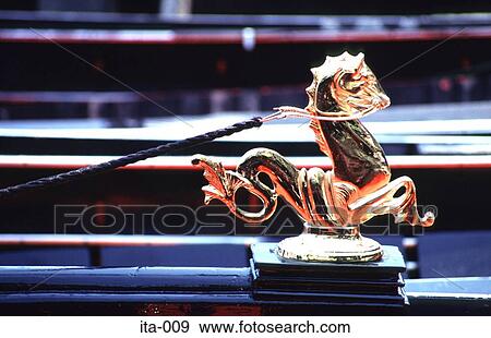 Golden Seahorse Figure on Gondola View Large Photo Image Stock Photo - Golden Seahorse Figure on Gondola. Fotosearch