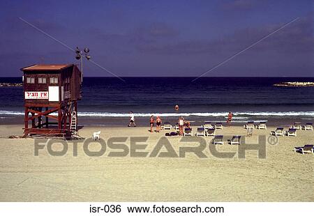 Stock Photograph - Life Guard Hut and Beach Tel Aviv Israel. Fotosearch