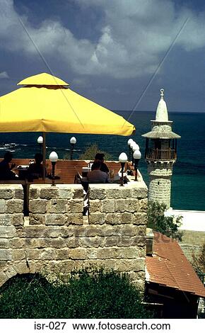 Stock Photo - Minaret and Rooftop Cafe against Sea Jaffa Israel. Fotosearch