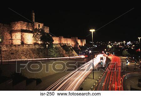 Stock Image - Motion Blurred Traffic at Night Jerusalem Israel. Fotosearch