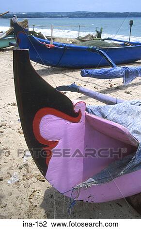 Stock Image - Painted Bow of Wooden Boat Kelan Beach Bali. Fotosearch