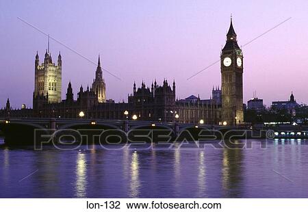 Stock Image - Palace of Westminster and Thames at Night London UK. Fotosearch
