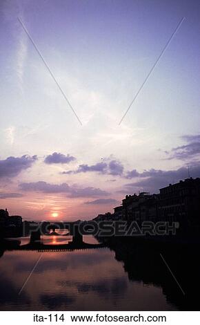 Picture - Refection of Sunset and Bridges in River Arno Italy. Fotosearch