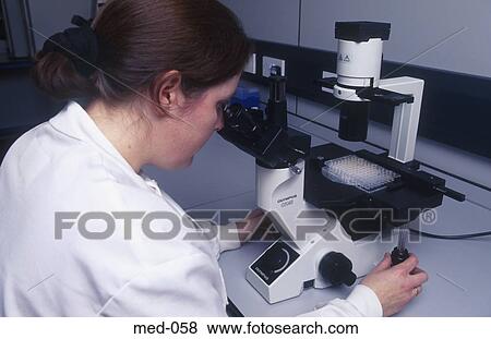 Stock Photo - Technician Examining Test Vials Using Microscope UK. Fotosearch