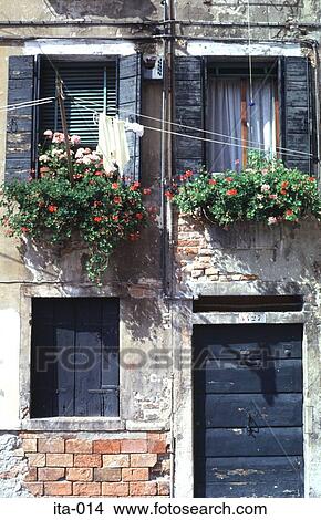 Picture - Window boxes with flowers Venice Italy Europe. Fotosearch