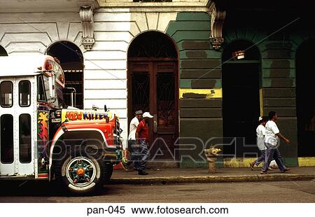 Decorated Bus and Pedestrians Panama City View Large Photo Image Stock Photography - Decorated Bus and Pedestrians Panama City. Fotosearch
