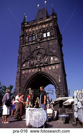 Stock Photograph - Lace Sellers Old Town Gate Charles Bridge Prague. Fotosearch
