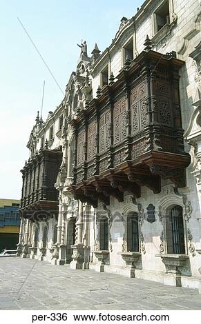 Stock Photograph - Latticework Balconies on La Catedral Lima Peru. Fotosearch